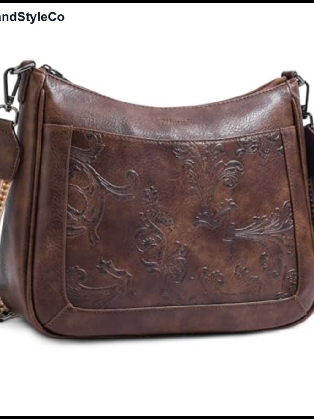 VIMUTI Embossed Floral Vegan Leather Crossbody Bag Wide Strap